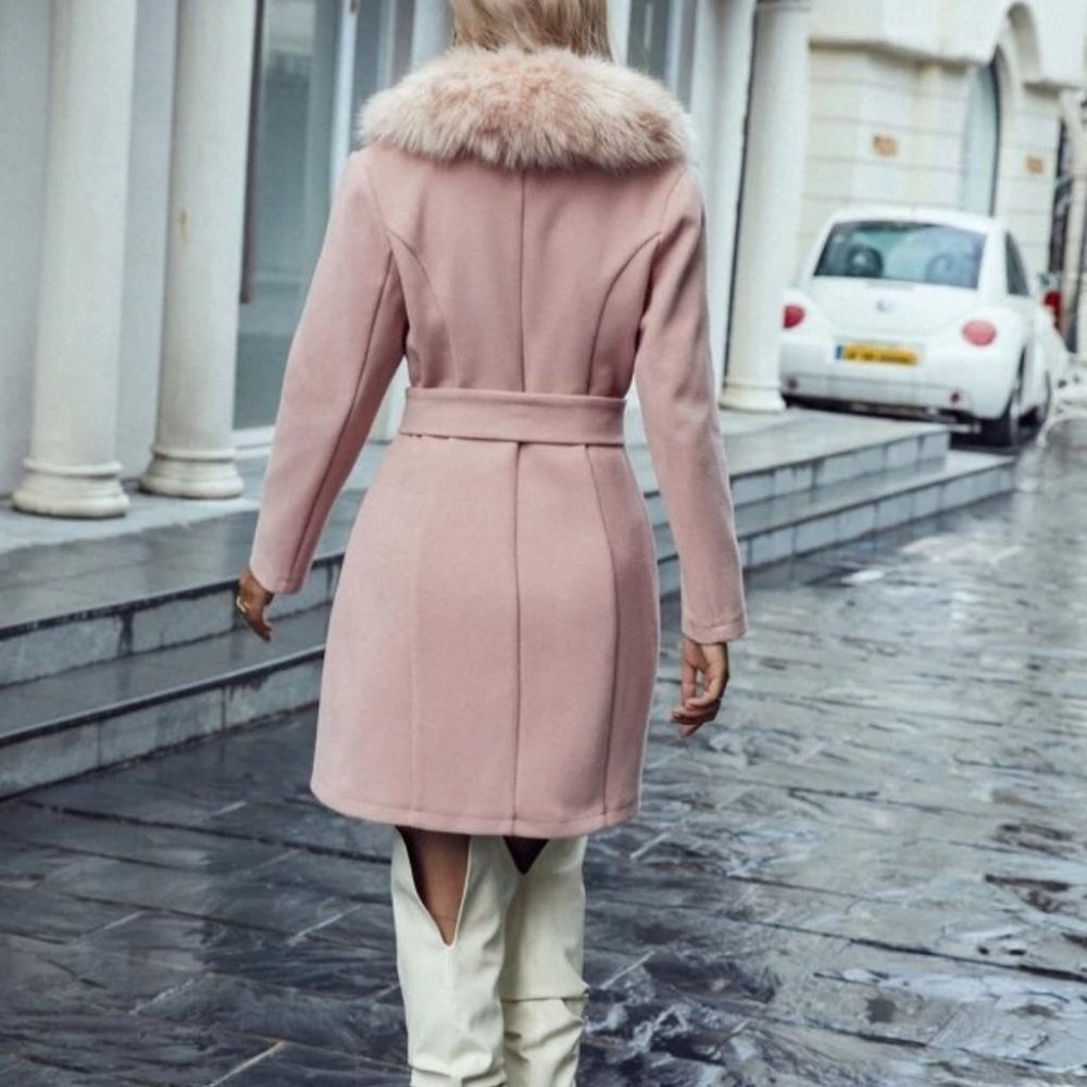 The Classic Fuax Fur Trimmed Trench Coat Pink - Picture 6 of 11